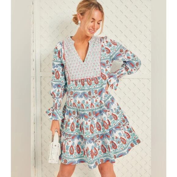 NWT Tuckernuck Kenzo Dress Teal Seagrass Block Print Boho Mini Size Medium - Picture 1 of 9